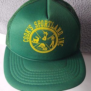 VINTAGE COOK'S SPORTLAND INC TRUCKER HAT GREEN YELLOW SNAPBACK